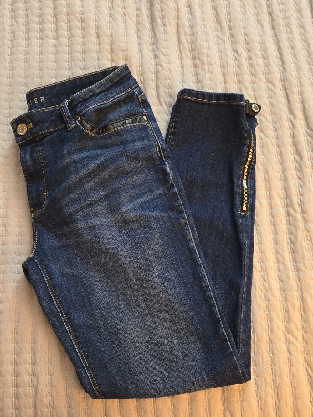 WHBM Dark Blue Skimmer Skinny Jeans w/ Side Zip Ankle Black Leather Accents-Sz 8